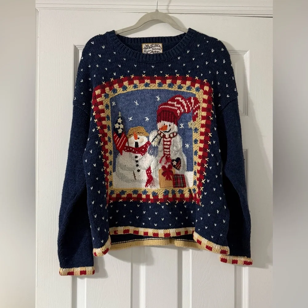 Vintage Christmas Sweater Heirloom Collectibles Medium Blue Snowman - Picture 2 of 6